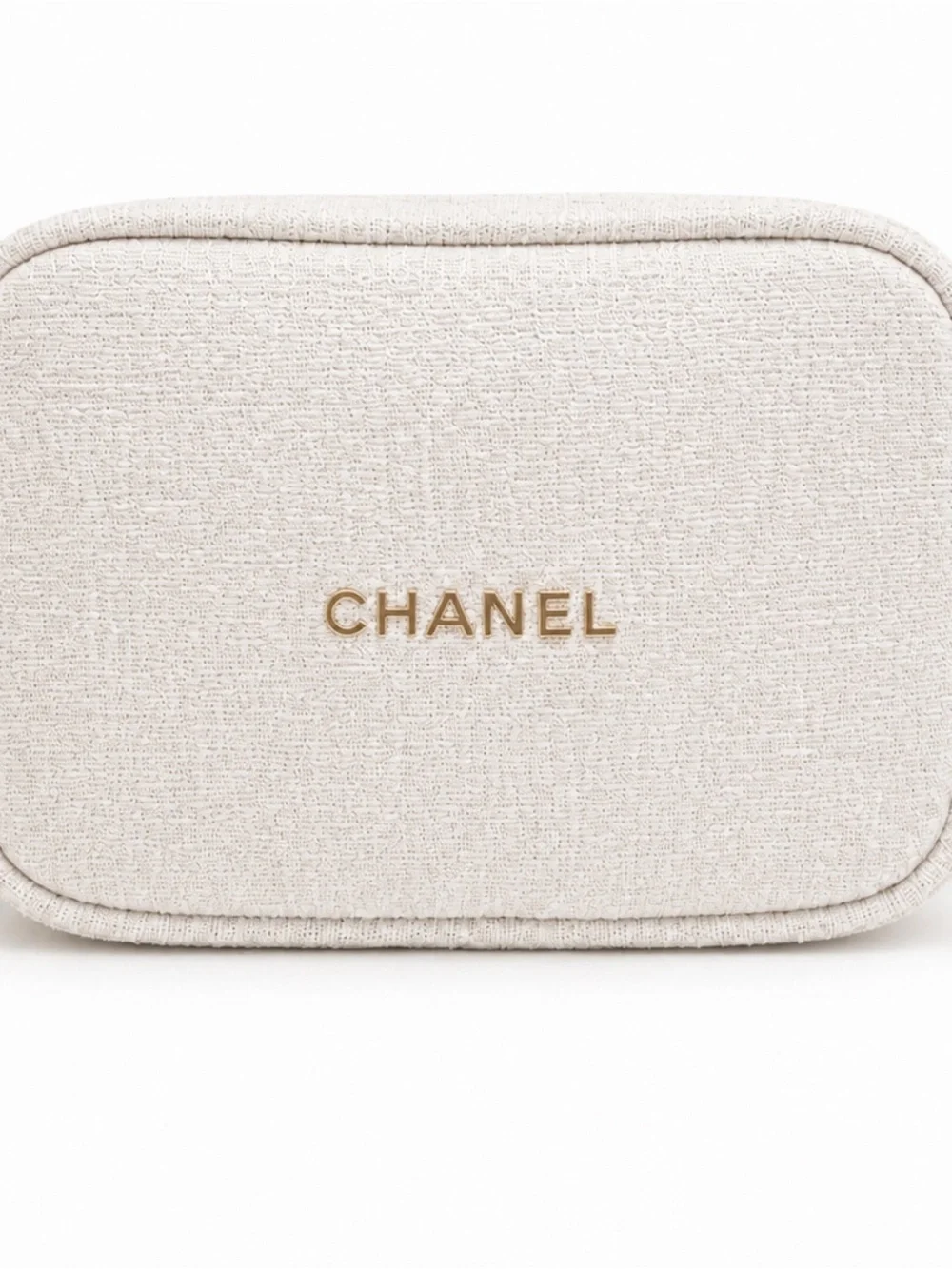 Chanel Beauté Cream Tweed Cosmetic Bag with Unbranded Gold Chain Crossbody NWT
